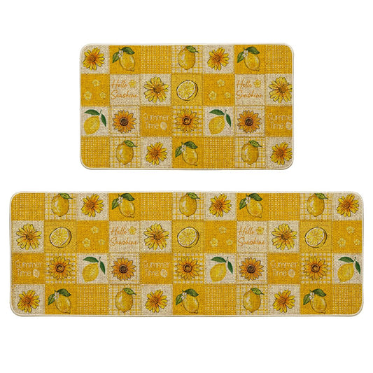 Artoid Mode Plaid Lemon Sunflower Summer Kitchen Mats Set of 2, Seasonal Low-Profile Home Decor Kitchen Rugs for Floor - 17x29 and 17x47 Inch