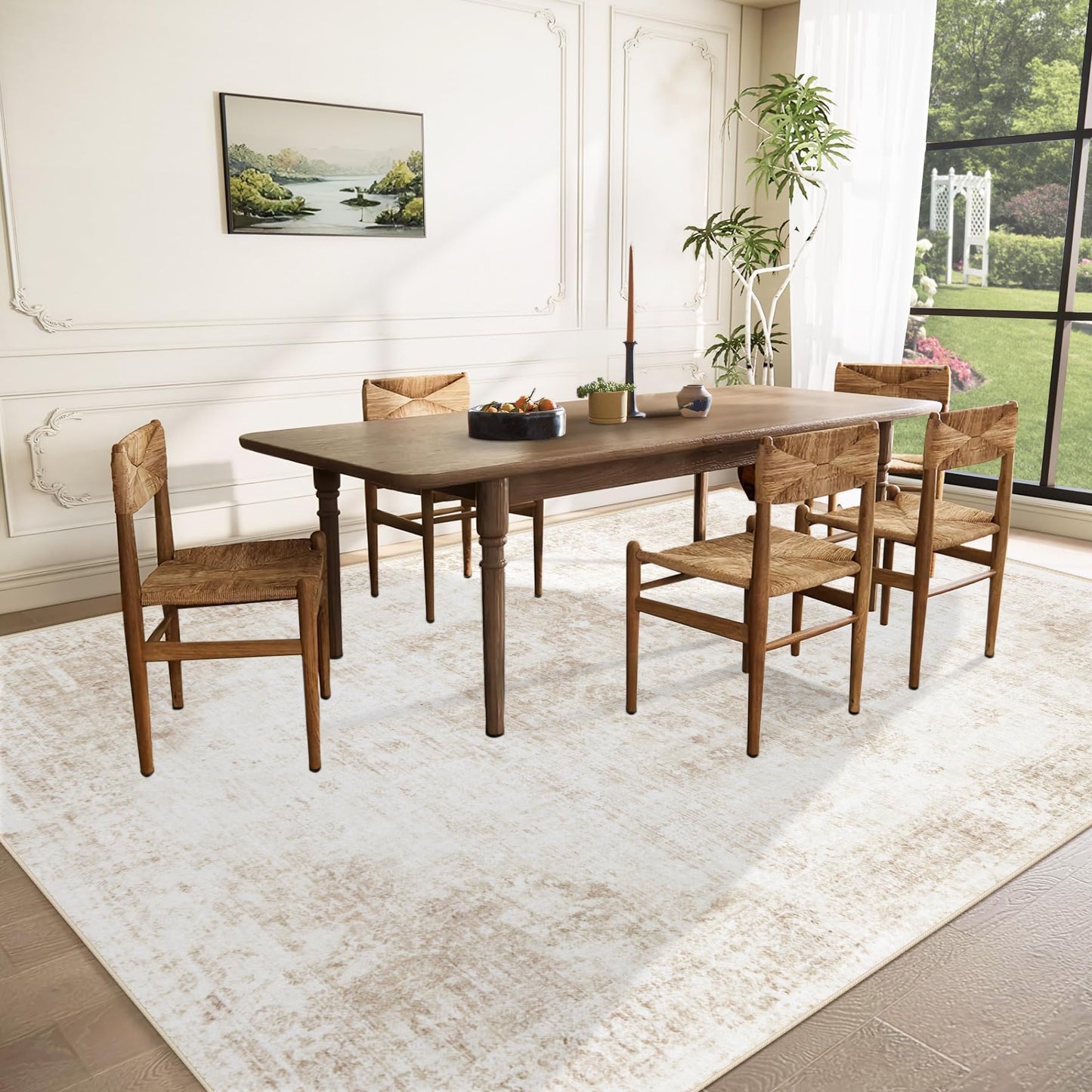 VECARF Area Rug 9x12 Washable Rug, Vintage Boho Medallion Rugs Non-Slip Soft Low Pile Large Distressed Rug Indoor Retro Carpet for Living Room Bedroom Dining Room Home Office (Beige, 9'x12')