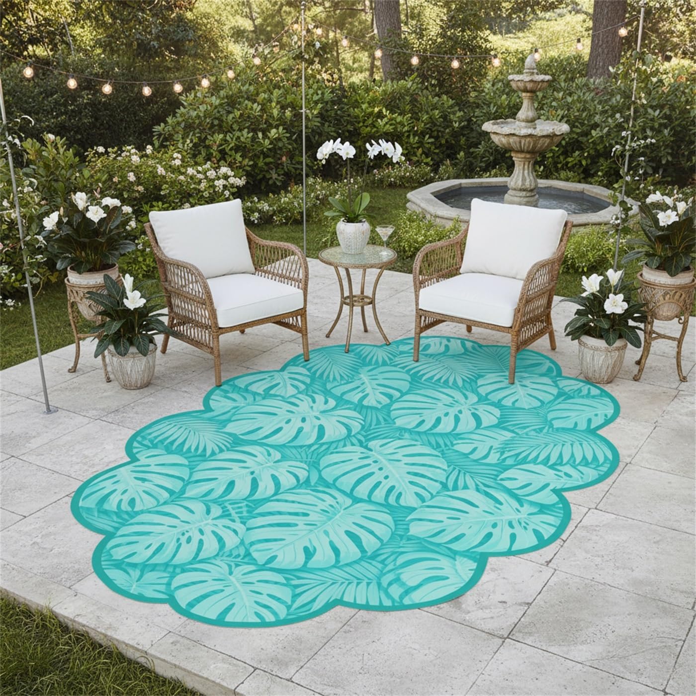 Monstera Palm Leaf 2x3 Outdoor Waterproof Area Rug for Porch Patio Deck Camping Teal Tropical Plant Scalloped Irregular Shaped Rugs Non Slip Thin Washable Veranda Front Yard Foyer Carpet Outside Mat