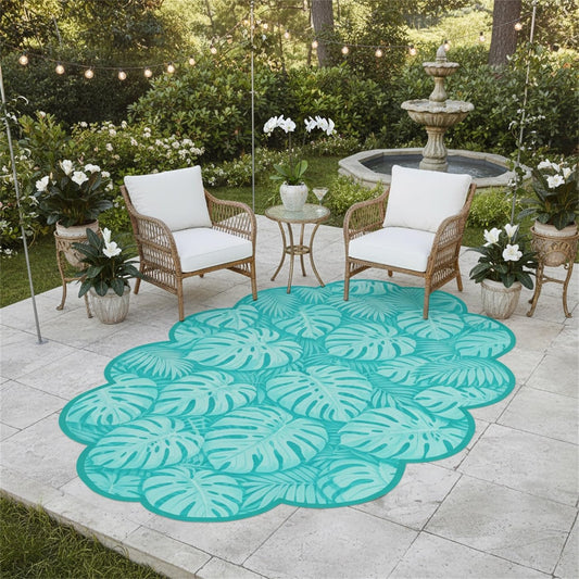 Monstera Palm Leaf 2x3 Outdoor Waterproof Area Rug for Porch Patio Deck Camping Teal Tropical Plant Scalloped Irregular Shaped Rugs Non Slip Thin Washable Veranda Front Yard Foyer Carpet Outside Mat