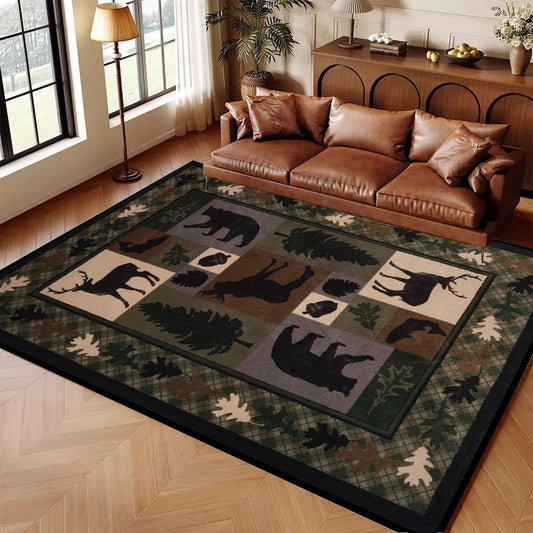 Qmkmyy Vintage Lodge Cabin Area Rug 4'x6' Hunting Bear Deer Print Rugs Rustic Wildlife Farmhouse Rug Country Style Leaf Carpet Low Pile Rectangular Mat,Black
