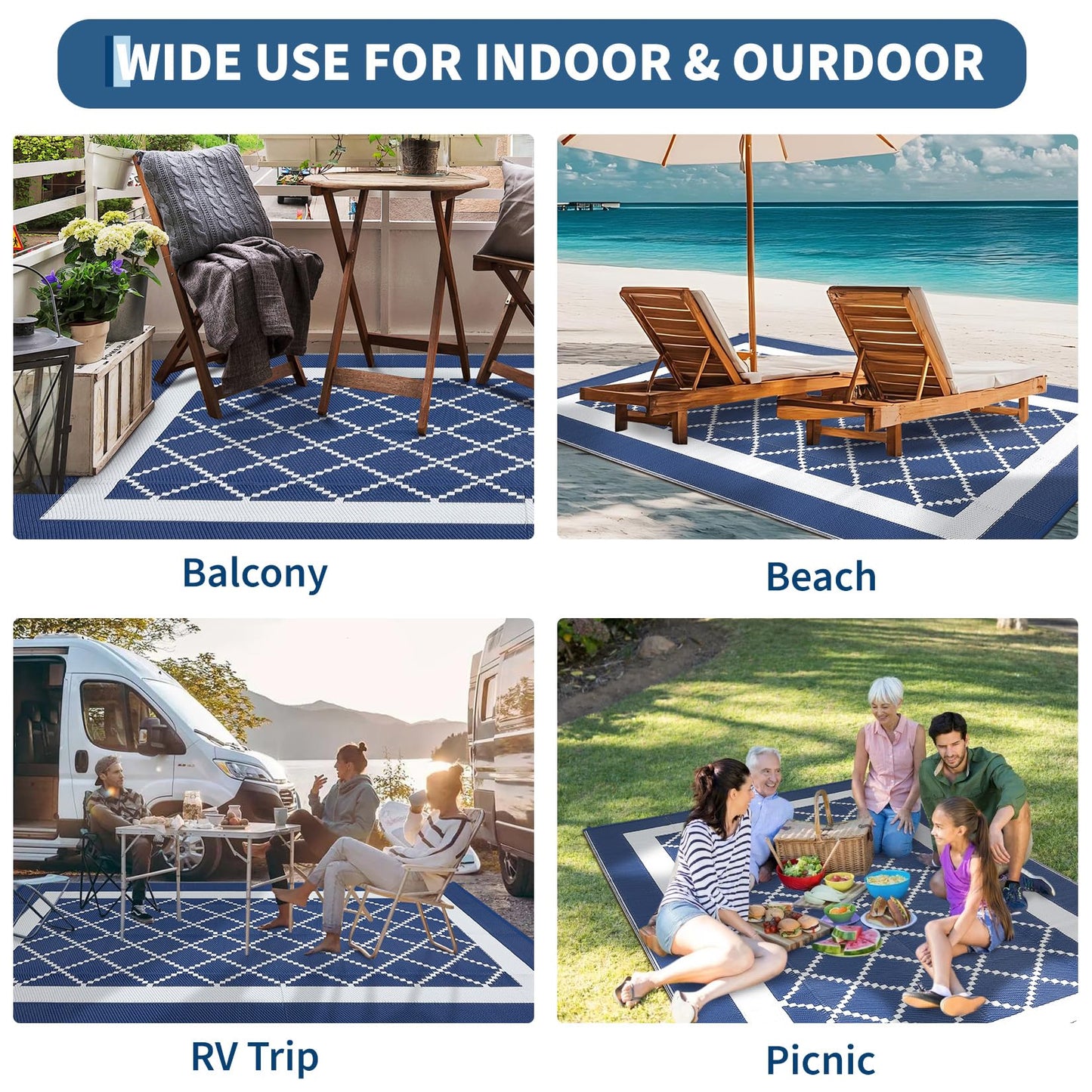 COZYLOOM Outdoor Patio Rug 9x18 Waterproof Reversible Plastic Straw Mat, Large Indoor Outdoor Rugs Modern Area Rug for Deck, Balcony, Pool, Camping, Beach, Picnic, Porch, RV, Navy&White