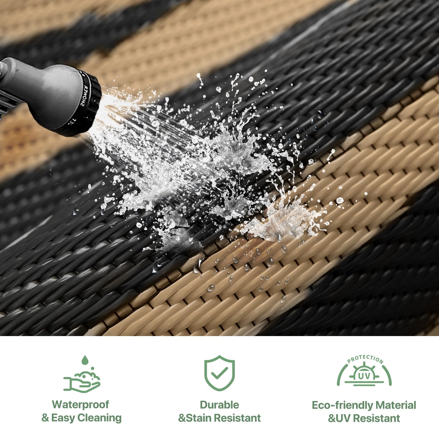 GENIMO Outdoor Rug Waterproof 6'x9' for Patio, Foldable Reversible Plastic Straw Carpet for Travel Trailers, Outside Area Mat for Rv, Deck, Picnic, Porch, Camper, Balcony, Beach, Black & Brown