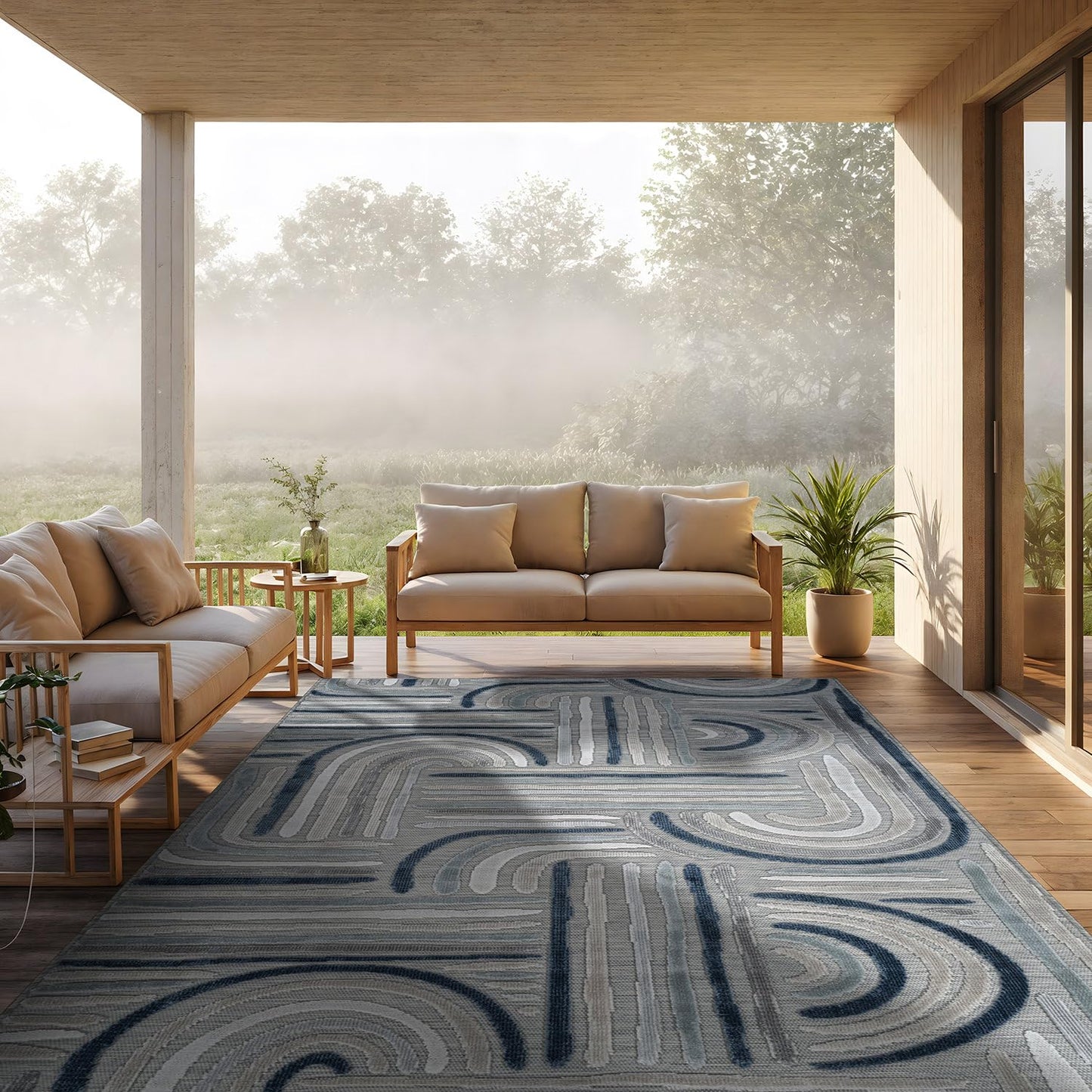 CAMILSON Indoor Outdoor Rug, Blue 9x12 Geometric Arch Striped Large Area Rugs for Patio and Home Areas, Easy-Cleaning Non-Shedding Living Room, Garden and Deck Washable Outside Carpet (9 x 12)