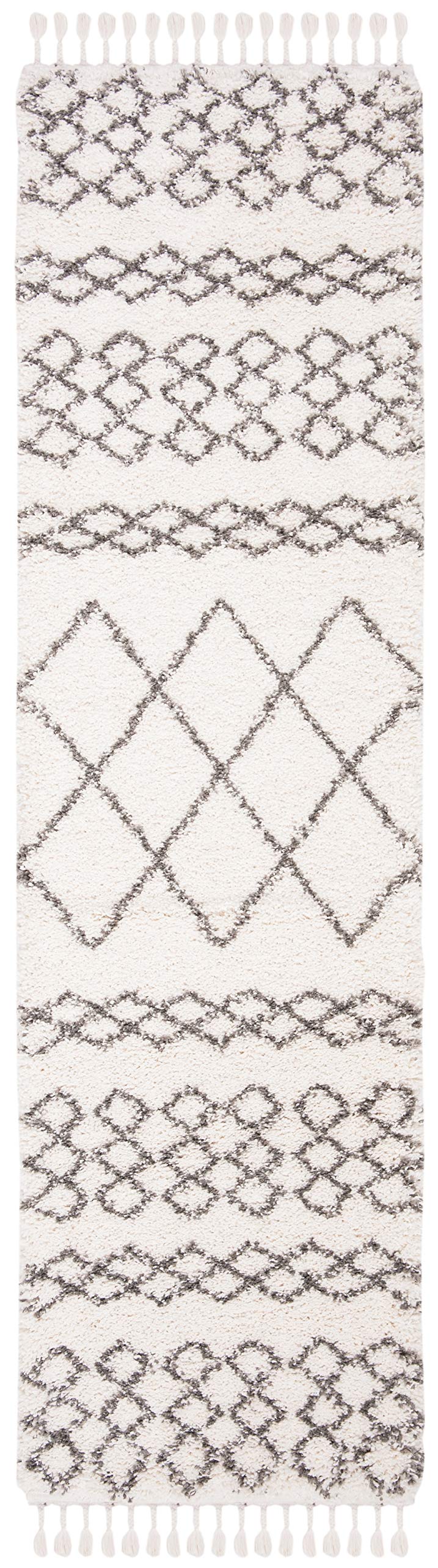 SAFAVIEH Moroccan Fringe Shag Collection Runner Rug - 2'2" x 6', Ivory & Grey, Boho Tribal Design, Non-Shedding & Easy Care, 2-inch Thick Ideal for High Traffic Areas in Living Room, Bedroom (MFG343A)