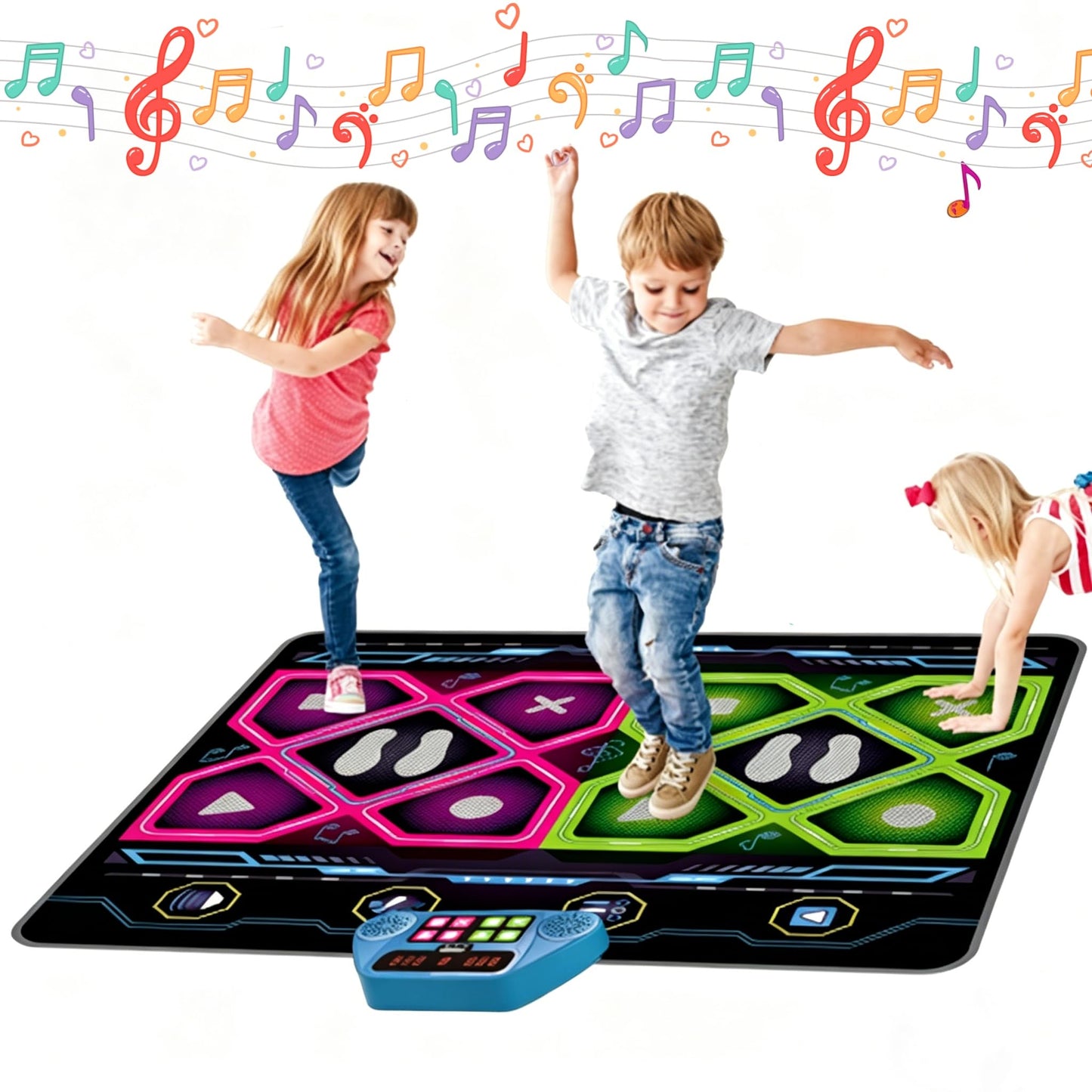 RUNJIAER Kids 2-Player Dance Mat, Dance Pad with Music & Adjustable Volume, 3 Difficulty Levels, Non-Slip Rhythm Step Play Game Toy for Boys Girls Ages 3-9, Granddaughters Birthday Gift