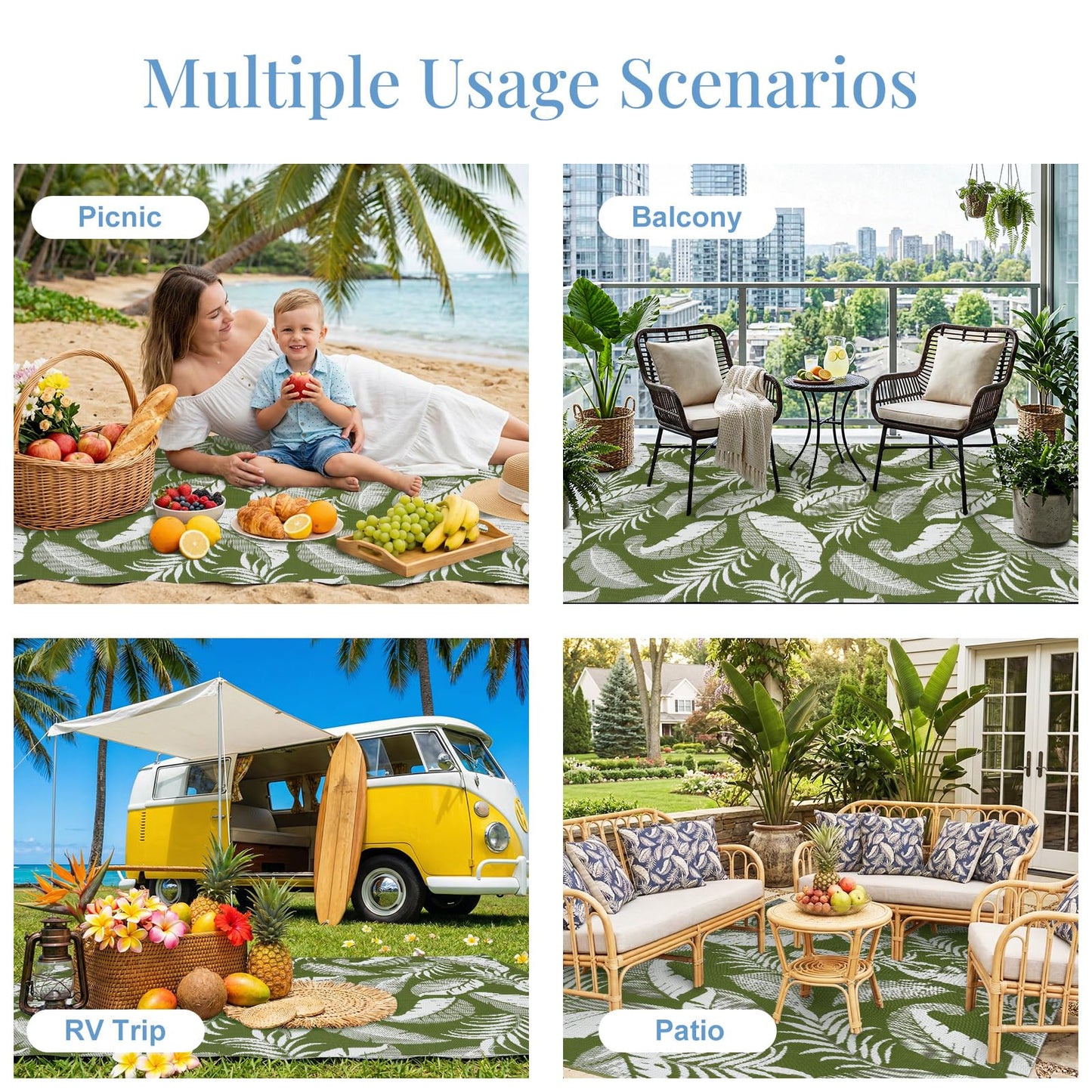 OPPODREAM Reversible Outdoor Rug 5x7, Waterproof Outdoor Plastic Straw Rug for Patio, Tropical Leaf RV Camping Rugs for Outside, Deck, Balcony, Porch, Backyard, Camping, Rv, Green and White
