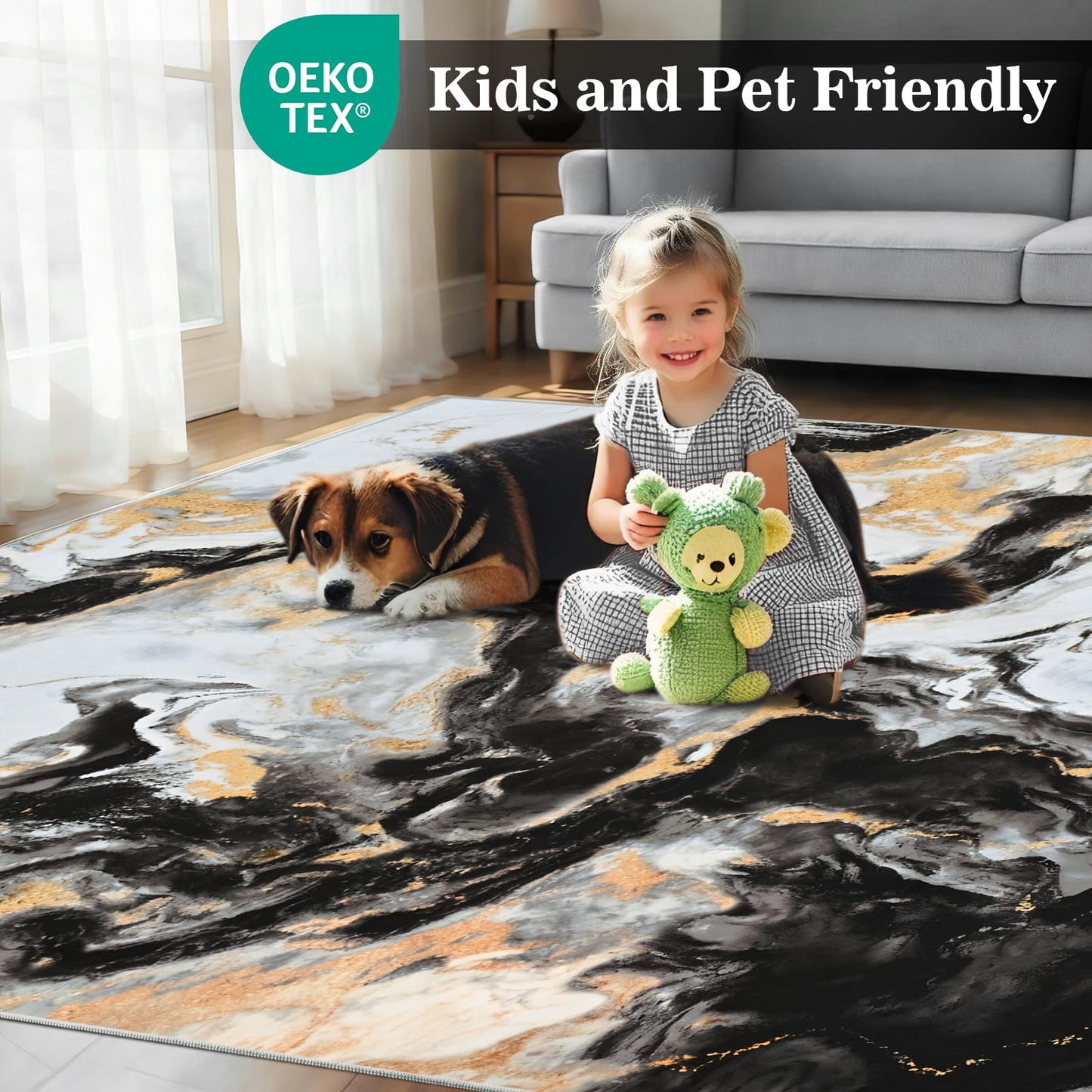 Yinhua Washable Rug 5x7, Marble Black and Gold Rugs Non Slip, Abstract Area Rugs Low Pile, Soft Faux Wool Modern Throw Rug Pet Friendly, Contemporary Floor Carpet for Living Room Bedroom Kitchen