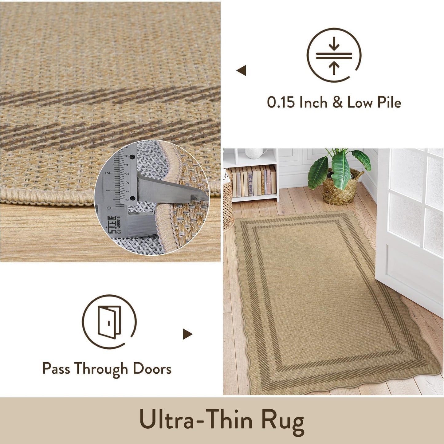 LIVEBOX Scalloped Washable 5x7 Rug, Easy Jute Tan Rugs for Living Room, Indoor Geometric Rug for Bedroom, Outdoor Farmhouse Non-Slip Rug Dining Room Mat Modern Carpet Area Rug for Patio Home Office