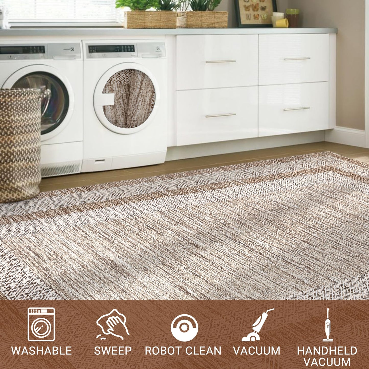 GarveeHome Modern Geometric Area Rug 5x7 Distressed Bordered Rug Washable Non Slip Floor Carpet Non Shedding Thin Rug, Soft Low Pile Rug, Contemporary Brown Rug for Dining Room, Living Room