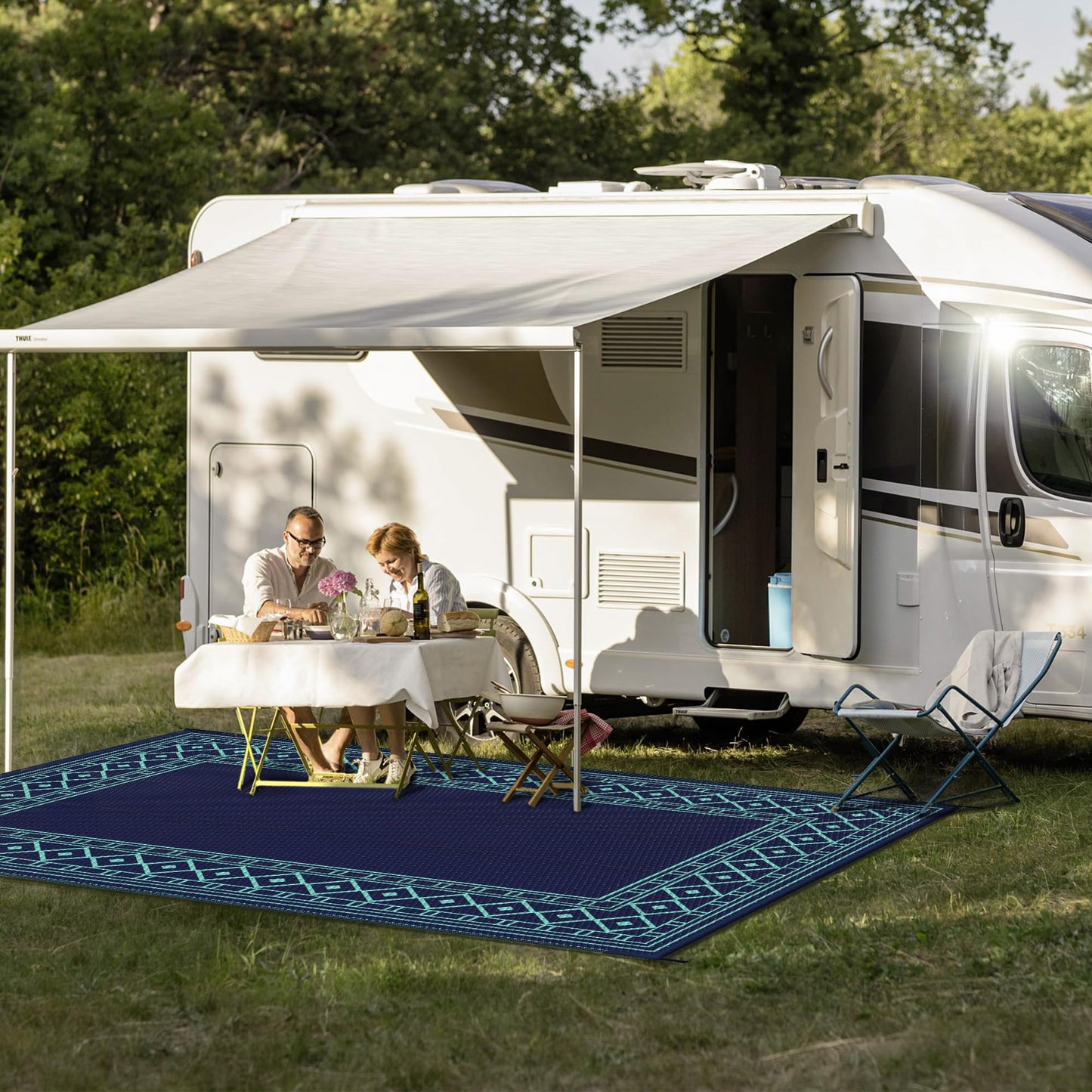 GENIMO Outdoor Rug Waterproof 5'x8' for Patio, Foldable Reversible Plastic Straw Carpet for Travel Trailers, Outside Area Mat for Rv, Deck, Picnic, Porch, Balcony, Beach, Navy Blue & Jade Green
