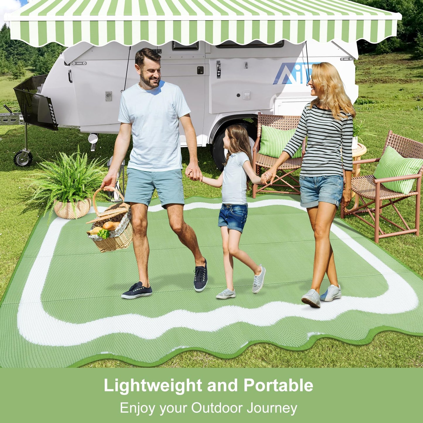Uphome Outdoor Rug Waterproof 6x9, Reversible Green Scalloped Patio Plastic Straw Rugs, Foldable Modern RV Camping Outside Carpet Mat for Pool Back Yard Deck Picnic, 6 x 9 ft