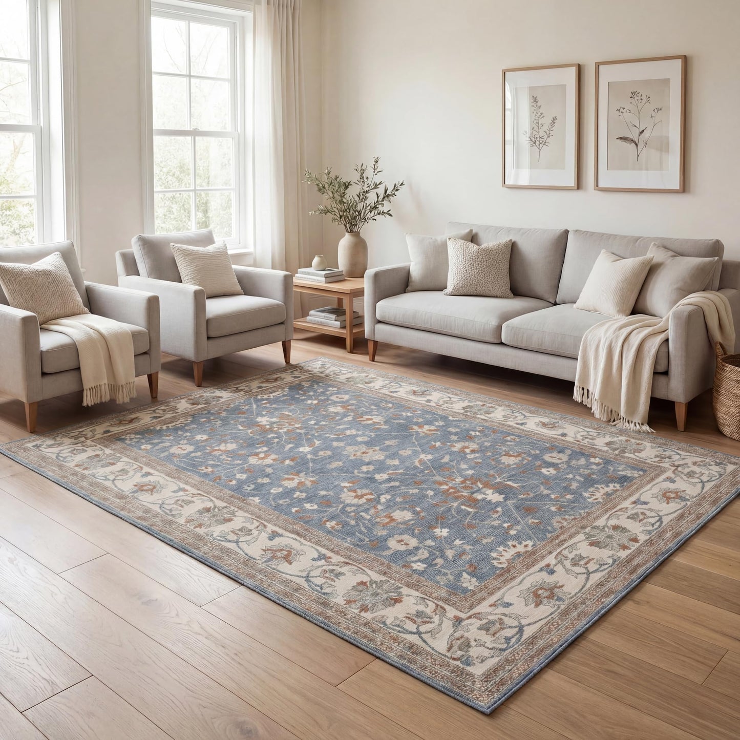 Kuden 6x9 Area Rug, Machine Washable Area Rug with Non-Slip Backing, Vintage Style, Soft, Easy Clean, Low Pile Rug for Living Room, Bedroom, Dining Room