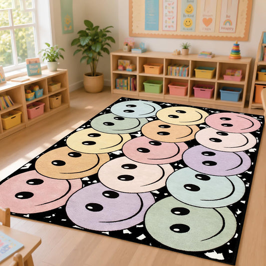 5' x 7' Composition Notebook Classroom Rug Pastel Smiley Face Seating Carpet for Kids, Washable Non-Slip Educational Area Rugs Large Soft Play Mat for Kindergarten Nursery Playroom Decor