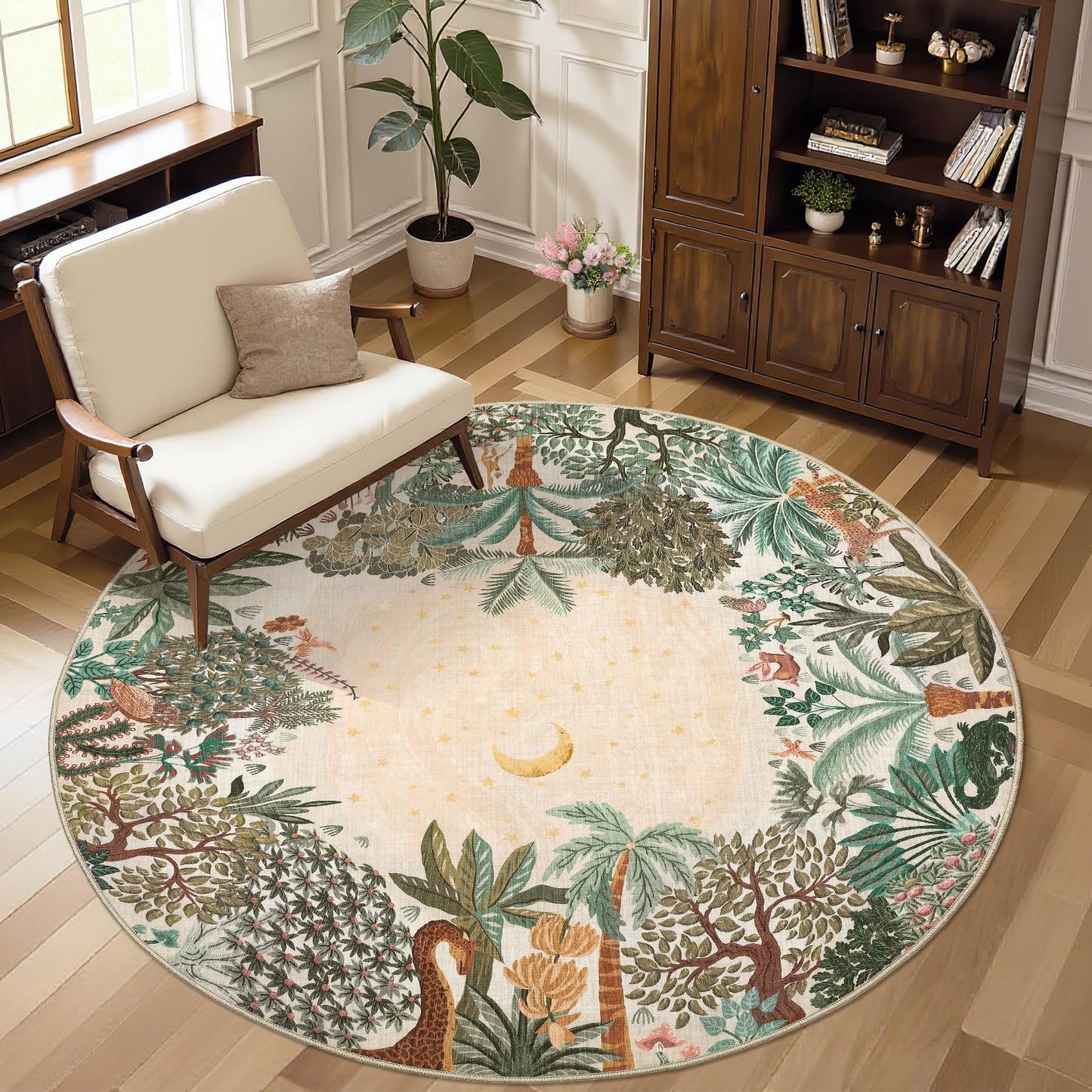 GarveeHome Round Area Rugs 4ft for Kids Room, Beige Jungle Washable Circle Rug Soft Non Slip Forest Animal Print Floor Mat Tiger Carpet Indoor Thin Tent Rug for Bedroom Dining Room Playroom Nursery