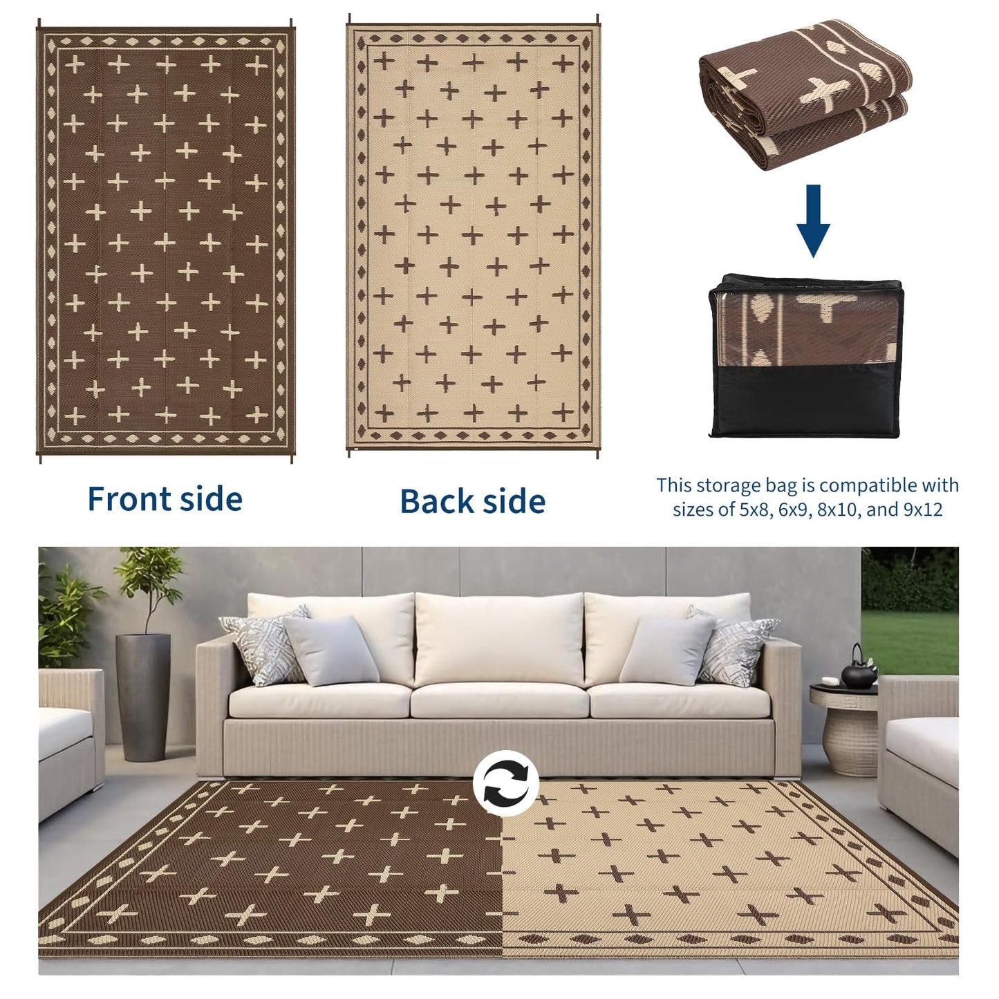 GarveeHome 8'x10' Outdoor Camping Rug – Waterproof, Sand-Free & Foldable – Portable RV Mat for Patio, Beach, Picnic – Reversible Plastic Floor Mat with Carry Bag, UV Resistant, Brown