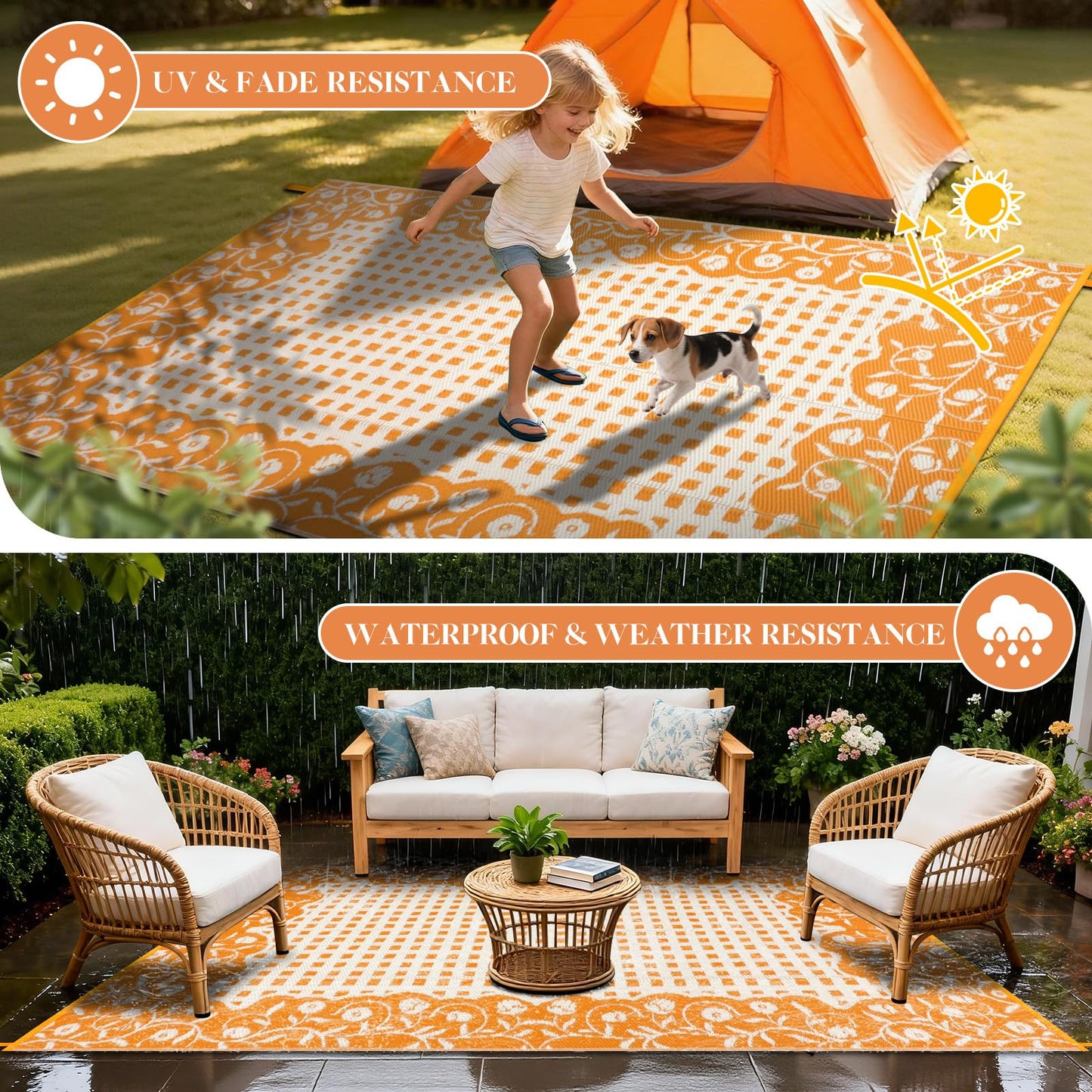 nesrt Waterproof Outdoor Rug 5x8ft, Reversible Plastic Straw Patio Mats, Portable Floral Camping Rug, Indoor Foldable RV Carpet Mat for Deck Porch Balcony Backyard Picnic (Orange/White)