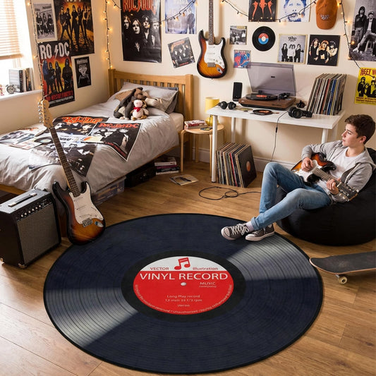 keepcute Music Record Black Round Area Rug for Bedroom Living Room Study Playing,Non-Slip Floor Mat Carpet Home Decor Rugs, 3' Diameter