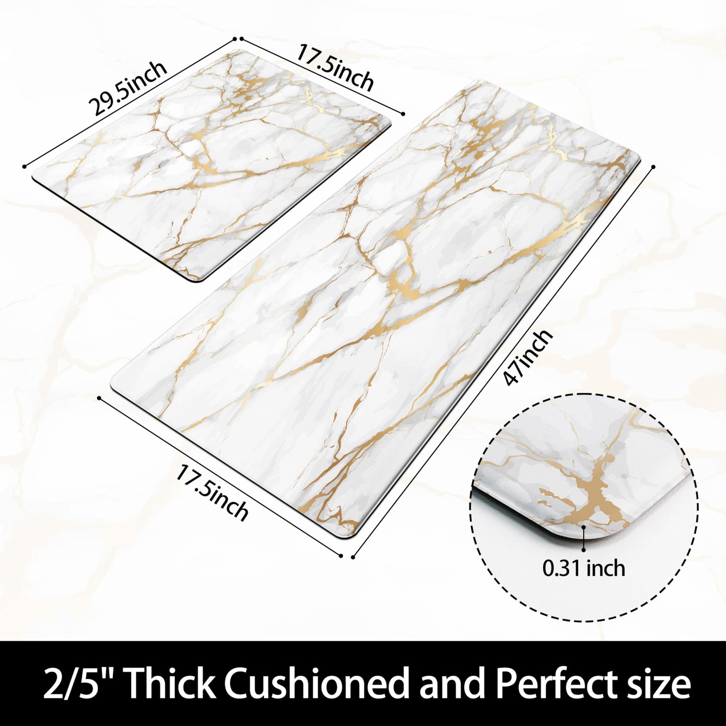White Gold Marble Kitchen Rugs Sets of 2 Anti Fatigue Mats for Kitchen Floor Waterproof Non-Slip Kitchen Mat for Home Office Laundry (White Gold, 17"x29.5"+17"x47.2")