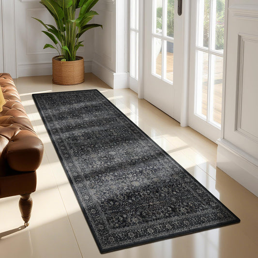 Jainmy Dark 2x6 Runner Rug for Hallways Entryway, Vintage Earth Tone Kitchen Bathroom Runner 6ft, Non Slip Washable Low Pile Thin Carpet Runner for Mudroom/Laundry Room/Bedroom Bedside, Midnight