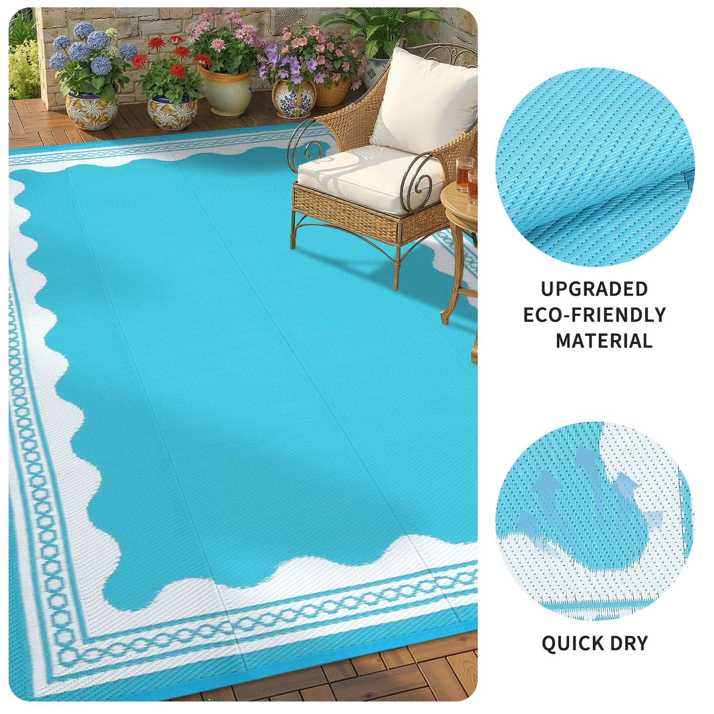 GarveeHome Outdoor Rug 8x10 Patio Waterproof, Reversible Plastic Straw Rugs for Camping, Picnic, Balcony, Porch, RV, Easy-Clean & Quick Dry Scalloped Pattern Large Indoor Outdoor Carpet, Light Blue