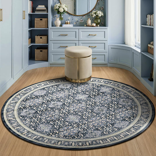 Jainmy Dark Blue Round Rugs 6ft for Living Room, Washable Non Slip Low Pile 6 Feet Circle Rug for Dining Room Kitchen, Boho Moroccan Floral Trellis 6x6 Round Carpet for Bedroom Home Office