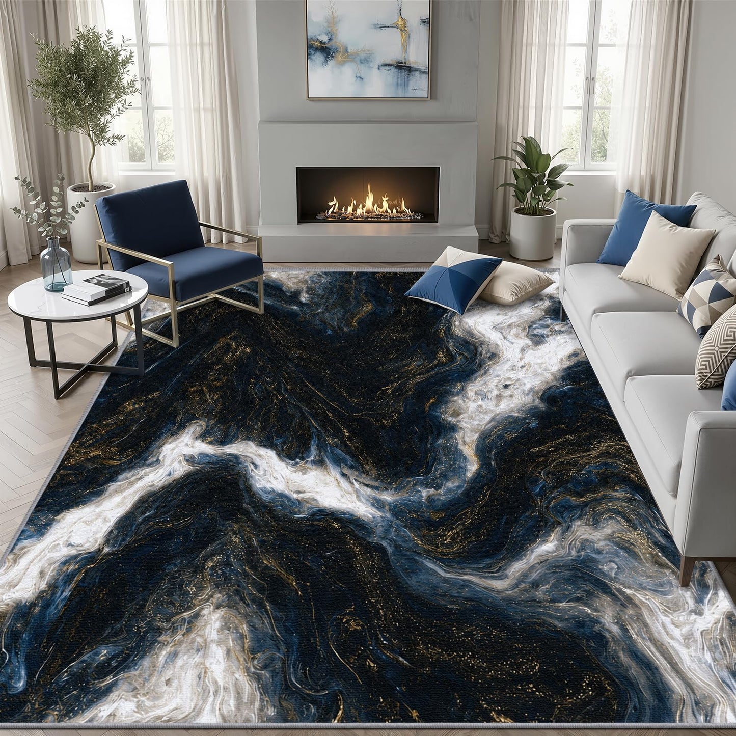 Aquailis Marble Rugs for Living Room - 2x3 Rug, Blue Gold Marble Swirl Area Rug, Abstract Modern Luxury Washable Non Slip Soft Rugs, Contemporary Carpet, Artistic Home Decor, Abstract Art Gifts