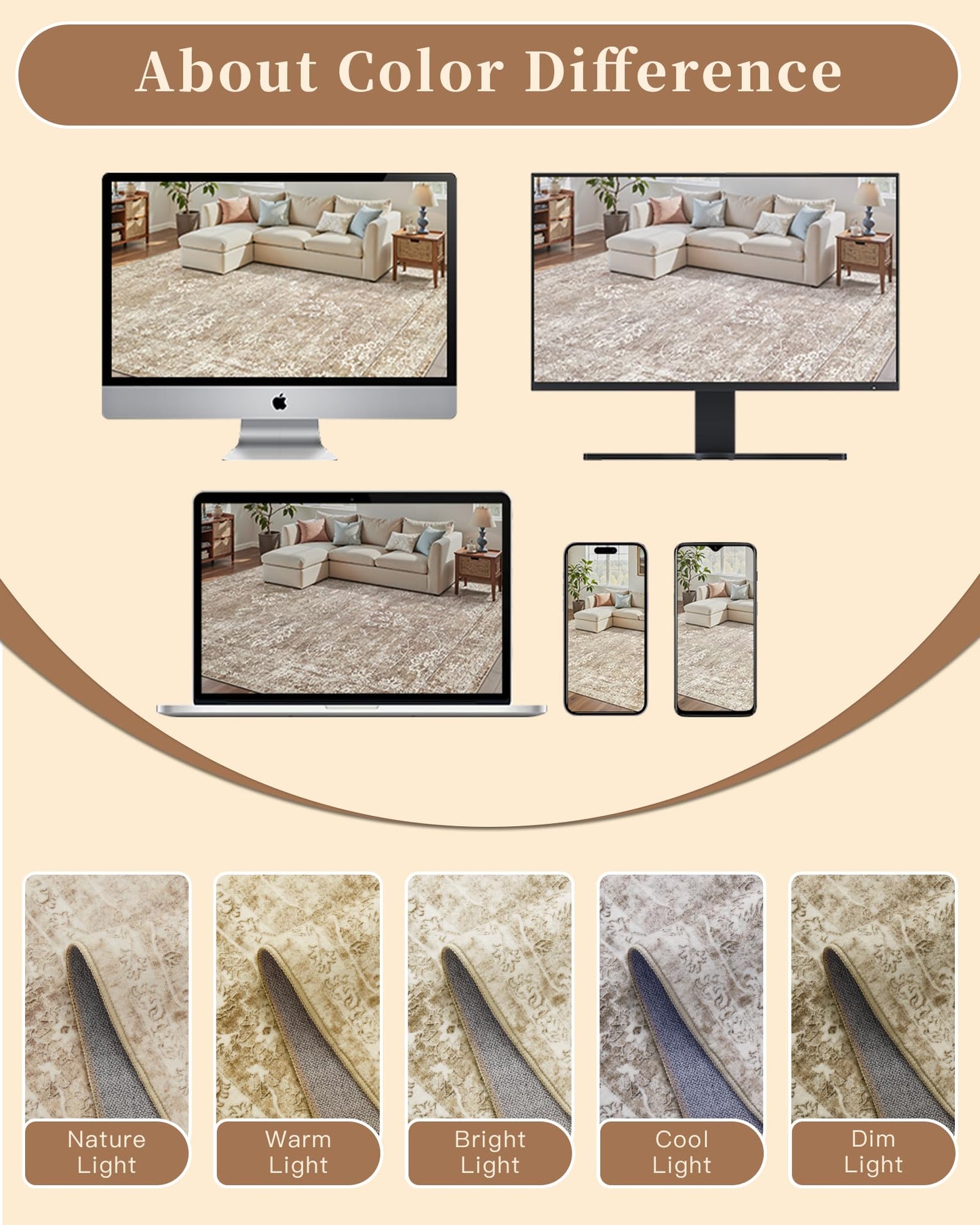 Madane 8x10 Area Rugs for Living Room, Machine Washable Vintage Neutral Rug with Non-Slip Backing, Soft Large Throw Rug, Thin Carpet for Bedroom Dining Room Farmhouse (8 x 10, Beige/Brown)