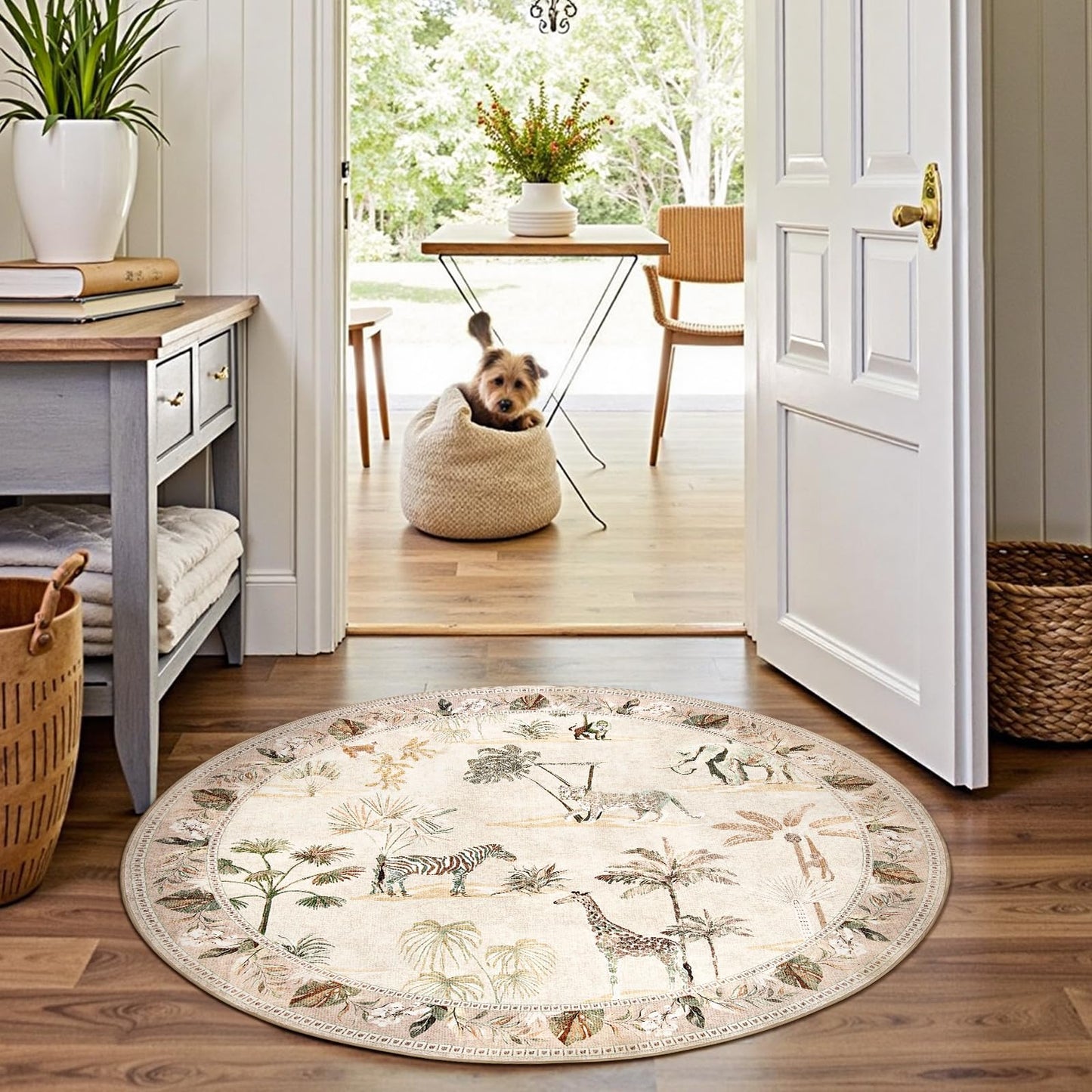 jinchan Round Rug 5ft Beige Jungle Animals Print, Machine Washable 5' Circle Modern Soft Non-Slip Forest Plant Throw Area Rug, Ultra-Thin Low Pile Carpet for Entryway Bedroom Kitchen Kids Room