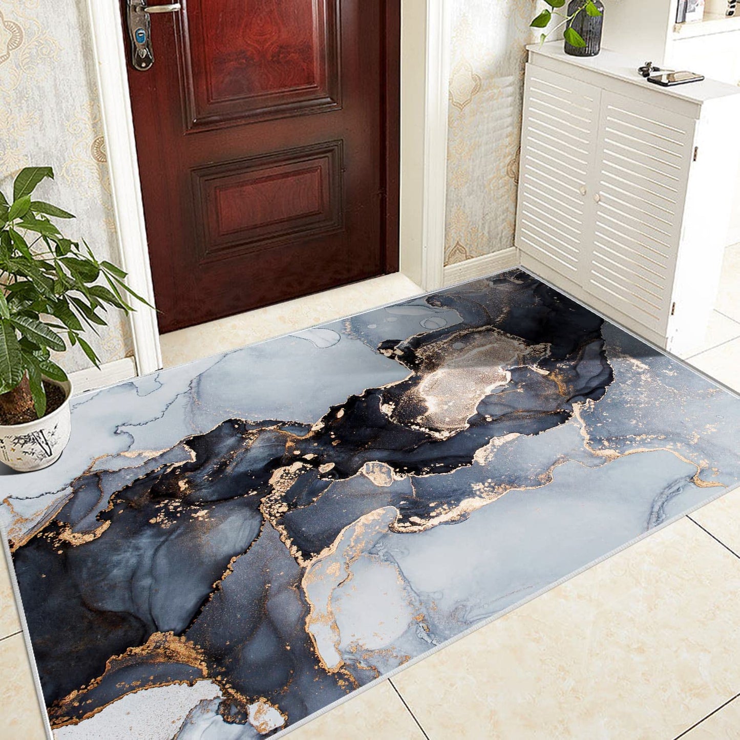 Modern Abstract Collection Area Rug - 3' x 5' Washable Entryway Rug Non-Slip Luxury Marble Texture Area Rug for Bedroom Dining Room Home Office Decor Under Kitchen (Blue/Gold)