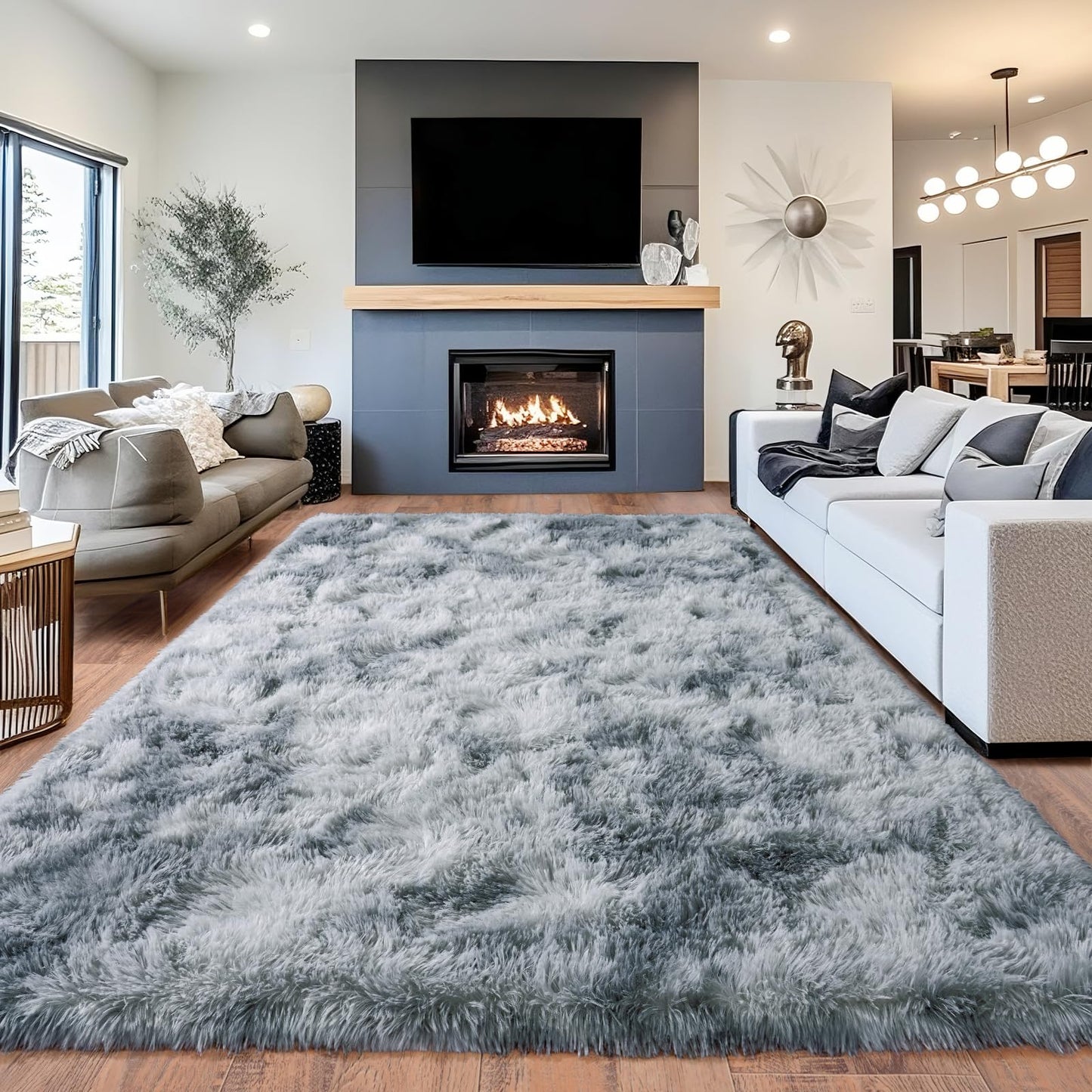 Area Rugs for Living Room 6x9, Ultra Soft Fluffy Rug for Bedroom, Modern Shaggy Carpet Fuzzy Rug for Girls Boys Room Home Indoor Nursery Teens Dorm Decor, Upgrade Non-Slip Durable, Tie-Dye Silver Grey