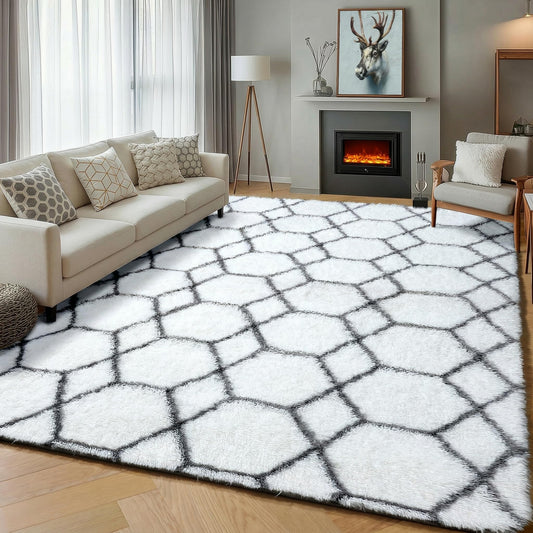 ONASAR Area Rugs for Living Room, 5x8 Fluffy White and Grey Rug for Bedroom, Geometric Moroccan Indoor Shaggy Boho Soft Plush Floor Carpet for Kids Teen Nursery Dorm Home Decor Aesthetic