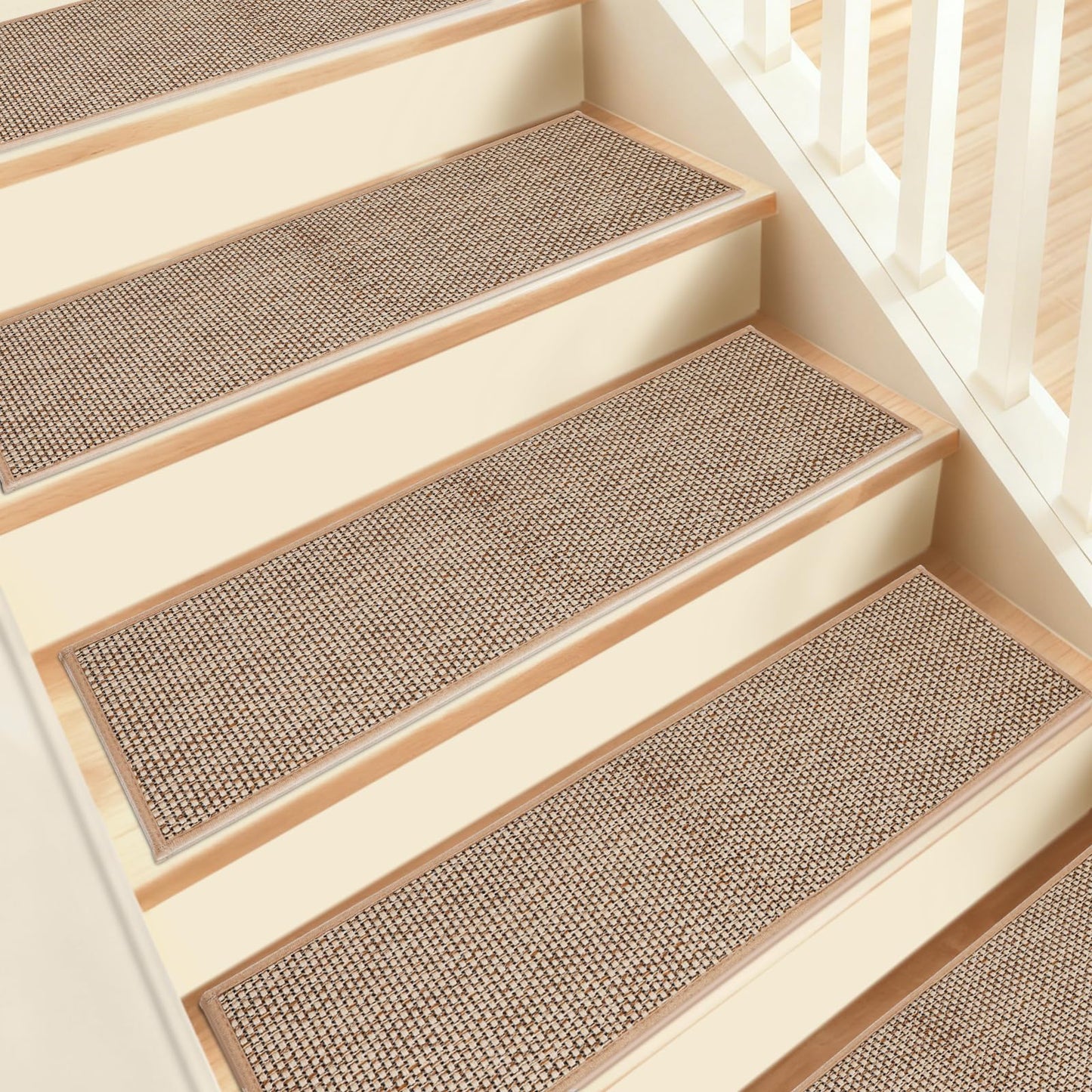 Stair Treads Non Slip, 15 Pack 8" X 30" Beige Stair Runners for Wooden Steps Non Slip with Reusable TPE Adhesive Backing, Carpet Stair Treads for Kids Elders and Pets, Machine Washable, Anti-Fall
