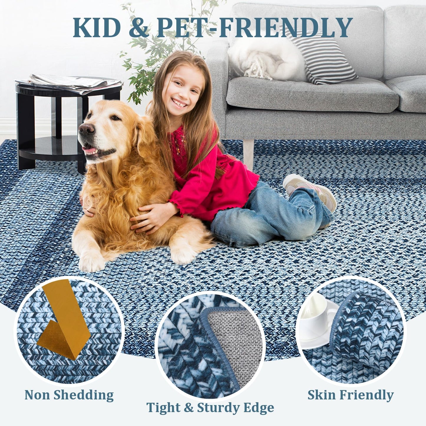 COZYLOOM 5x7 ft Area Rugs for Living Room Space, High Density Plush Carpet, Machine Washable and Non-Slip Polyester Rug, Easy Care Gabbin Weave Design(Grey Blue)