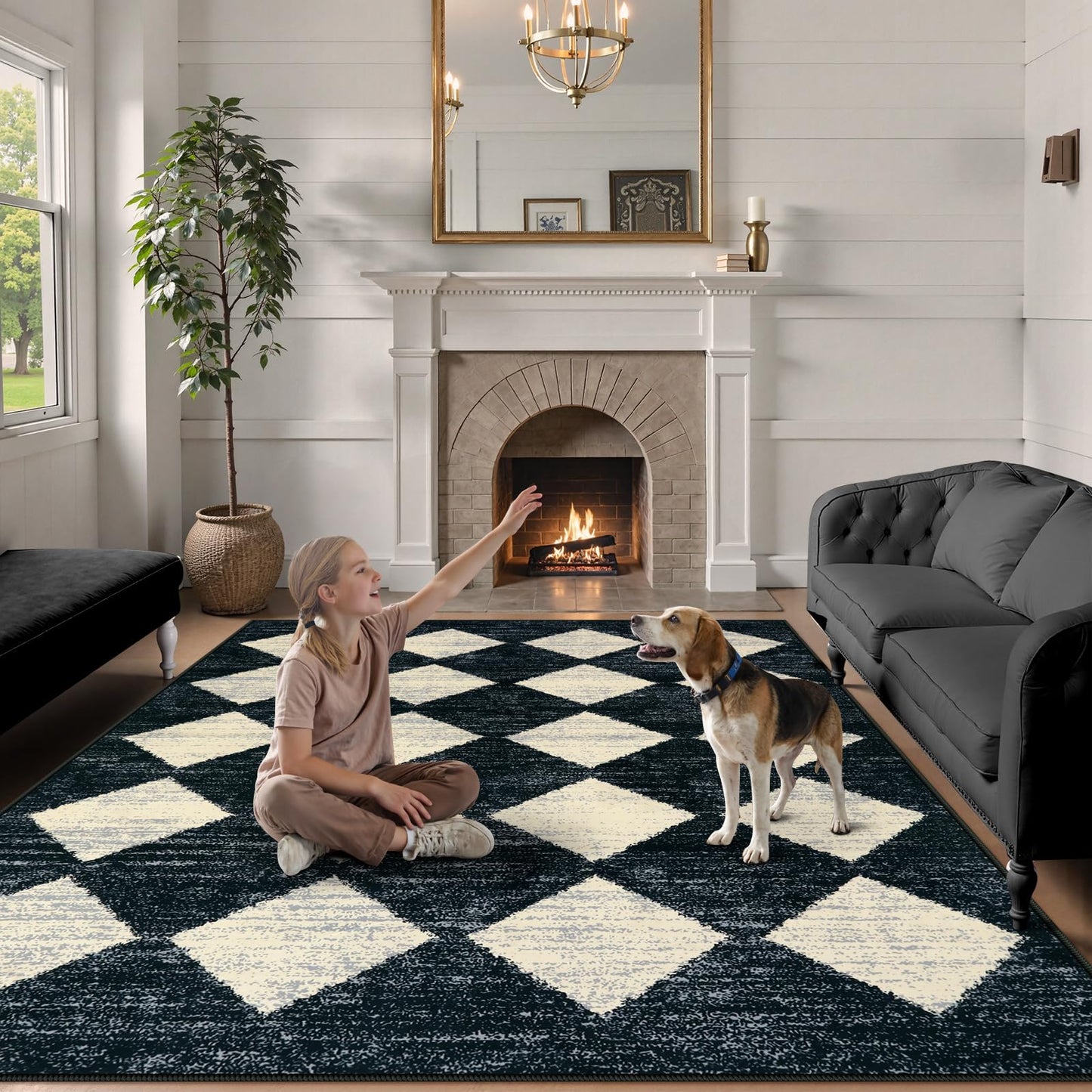 Lahome Zelie Checkered Washable 8 x 10 Area Rugs for Living Room, Black Bedroom Rug 8x10 Under Bed, Geometric Trellis Soft Ultra-Thin Indoor Carpet for Dining Room Dorm Kids Playroom (8'x10',Black)