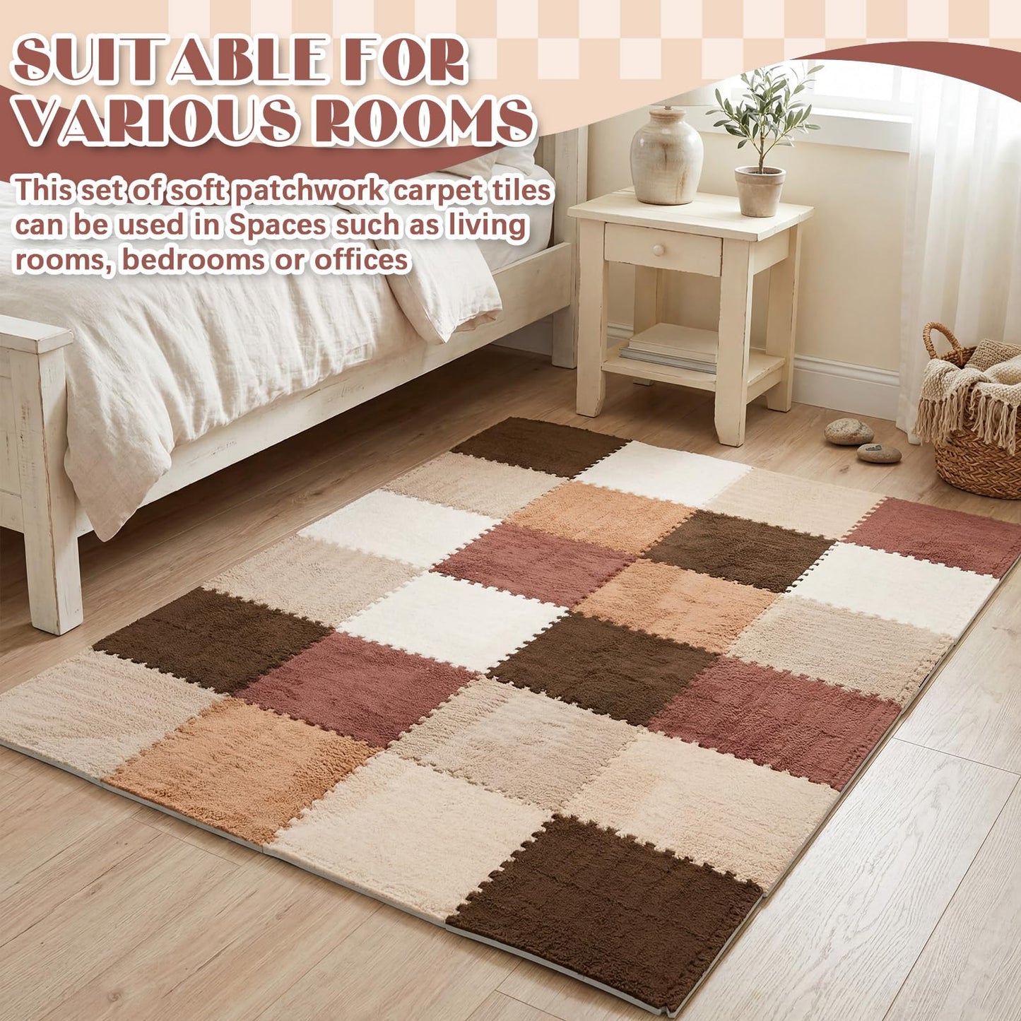 Tinideya 12 Pcs Plush Interlocking Carpet Tiles, 12 x 12 x 0.4 Inch EVA Foam Puzzle Mat Squares, Soft Washable Anti Slip Floor Mat for Bedroom, Nursery, Playroom, Living Room, Farmhouse Colors