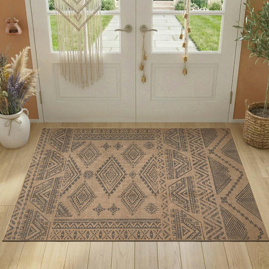 jinchan 3x5 Washable Faux Jute Area Rug, Natural Fiber Look Boho Southwestern Geometric Accent Rug, Low-Pile Non-Slip Floor Mat for Bedroom Living Room Entryway Covered Patio Balcony, Natural Charcoal