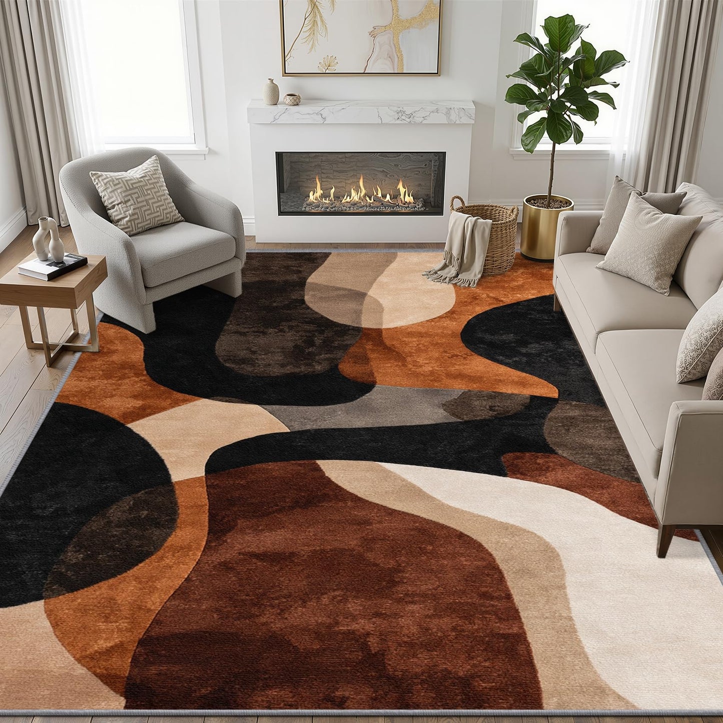 Phtbz Modern Abstract Rugs for Living Room - 5x7 Area Rugs, Earth Tone Geometric Rug, Brown Abstract Mid Century Rug for Living Room, Neutral Geometric Washable Bedroom Carpet, Mid Century Home Decor