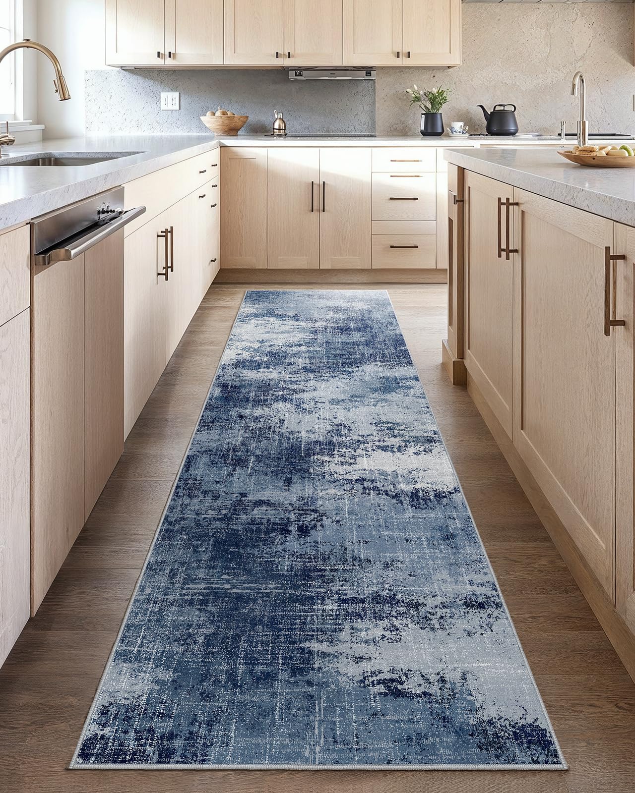 Runner Rugs for Hallway 2'6"x10', Modern Abstract Machine Washable Runners for Kitchen Entryway Bathroom Bedroom Laundry RoomLow Pile Lightweight Thin Non Slip Runner Rug, Dark Blue