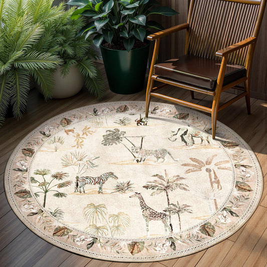 jinchan Round Rug 5ft Beige Jungle Animals Print, Machine Washable 5' Circle Modern Soft Non-Slip Forest Plant Throw Area Rug, Ultra-Thin Low Pile Carpet for Entryway Bedroom Kitchen Kids Room