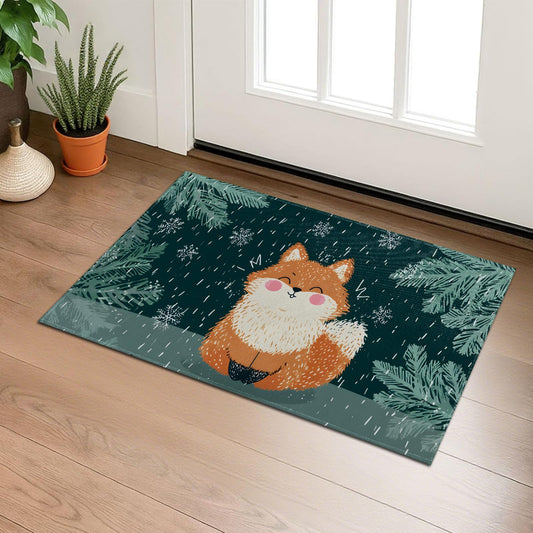 Adorable Cartoon Fox Indoor Door Mat, Cute Winter Snow Scene Welcome 29.5"×17" Non-Woven Floor Mat, Non-Slip Doormat Rug for Front Door, Porch, Bathroom, Kitchen, Home Decor, Gifts