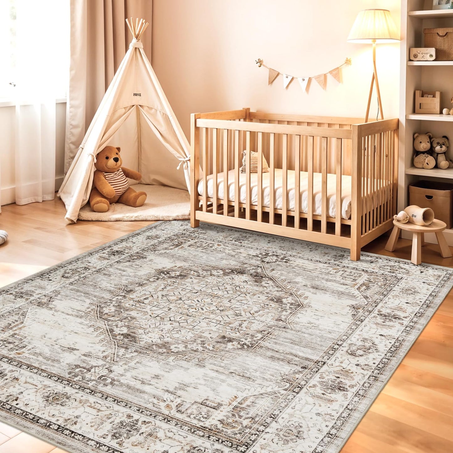 5x5 Area Rug Washable Living Room Rugs: 5ft Square Ultra Thin Soft Oriental Area Rugs Non-Slip Backing Farmhouse Rug Low Pile Thin Stain Resistant Indoor Carpets, 5' x 5' Beige