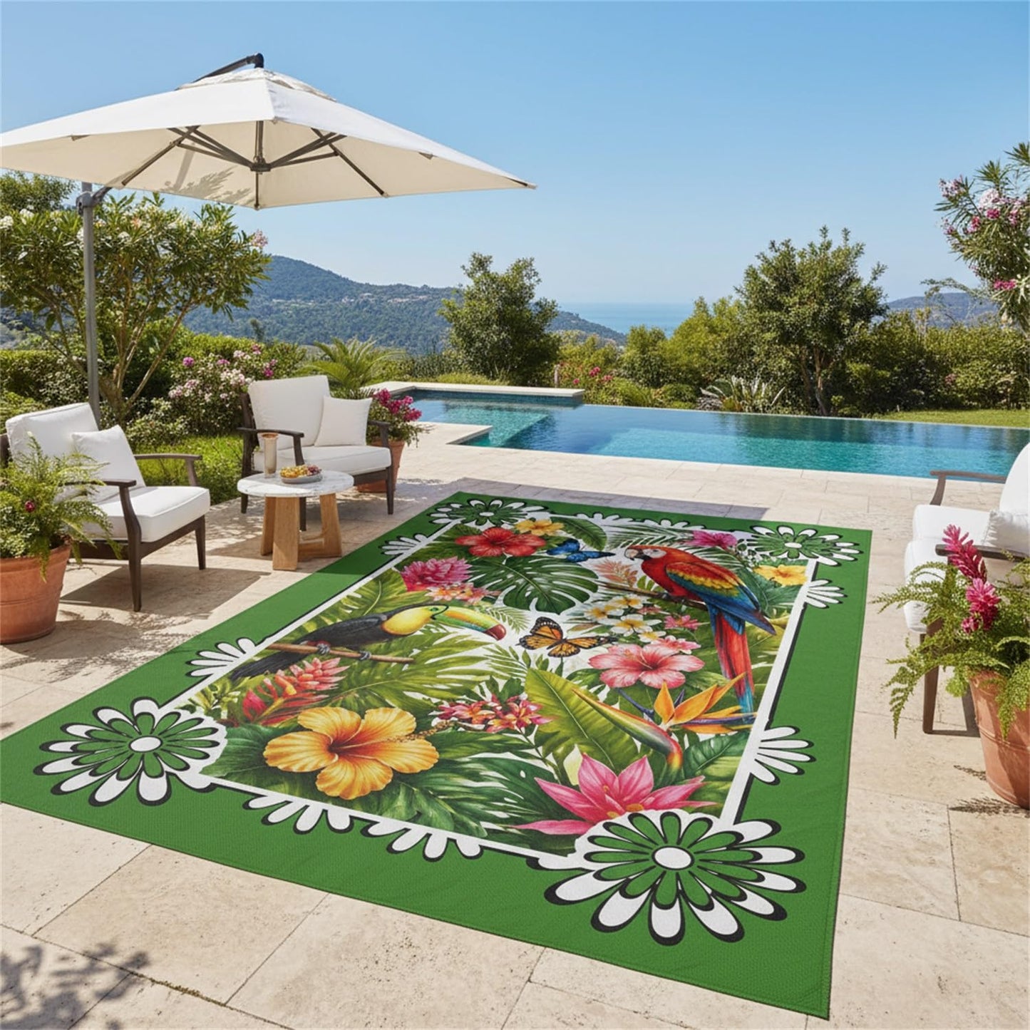 3D Waterproof Outdoor Area Rug 4x6 Tropical Floral Animal Print Green Pink Red Rugs for Porch Patio Deck Garden Rustic Jungle Outside Carpet Non Slip Thin Quick Dry Washable Floor Mats Throw Rugs