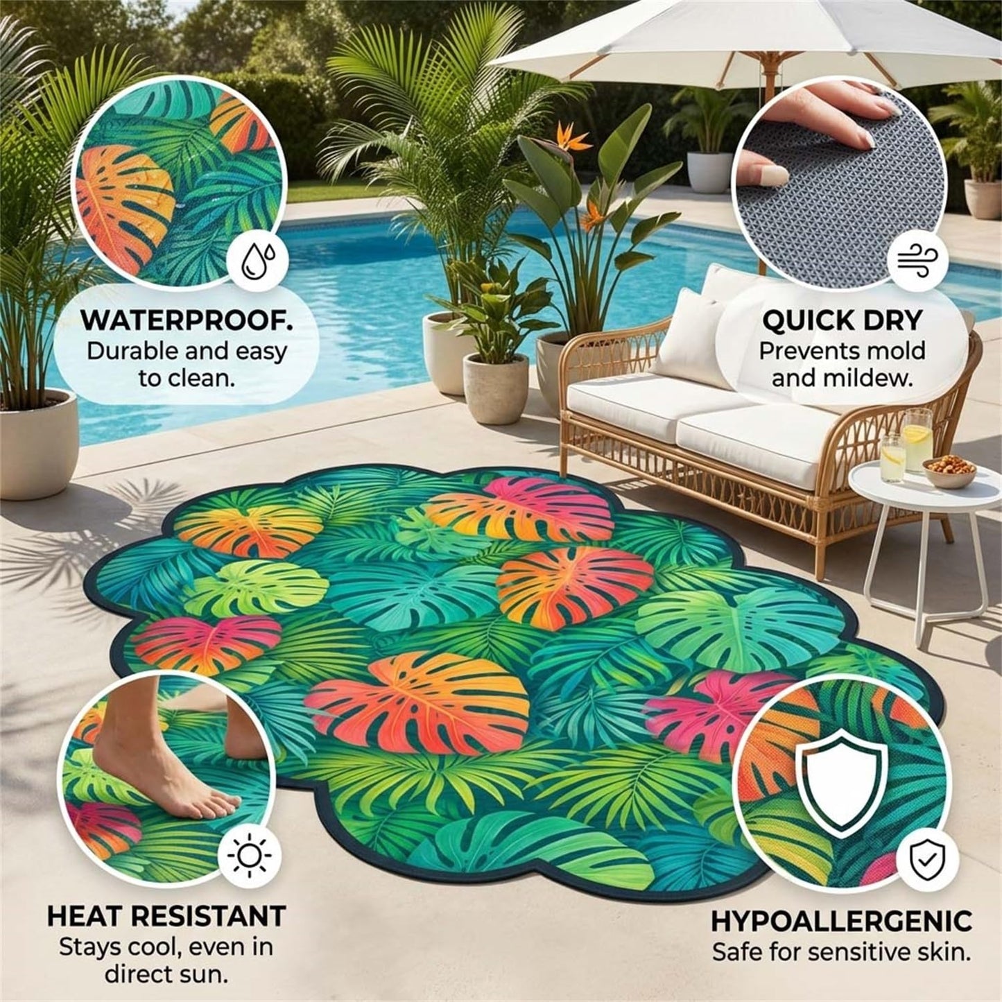 Monstera Palm Leaf 2x3 Outdoor Waterproof Area Rug for Porch Patio Deck Camping Teal Tropical Plant Scalloped Irregular Shaped Rugs Non Slip Thin Washable Veranda Front Yard Foyer Carpet Outside Mat