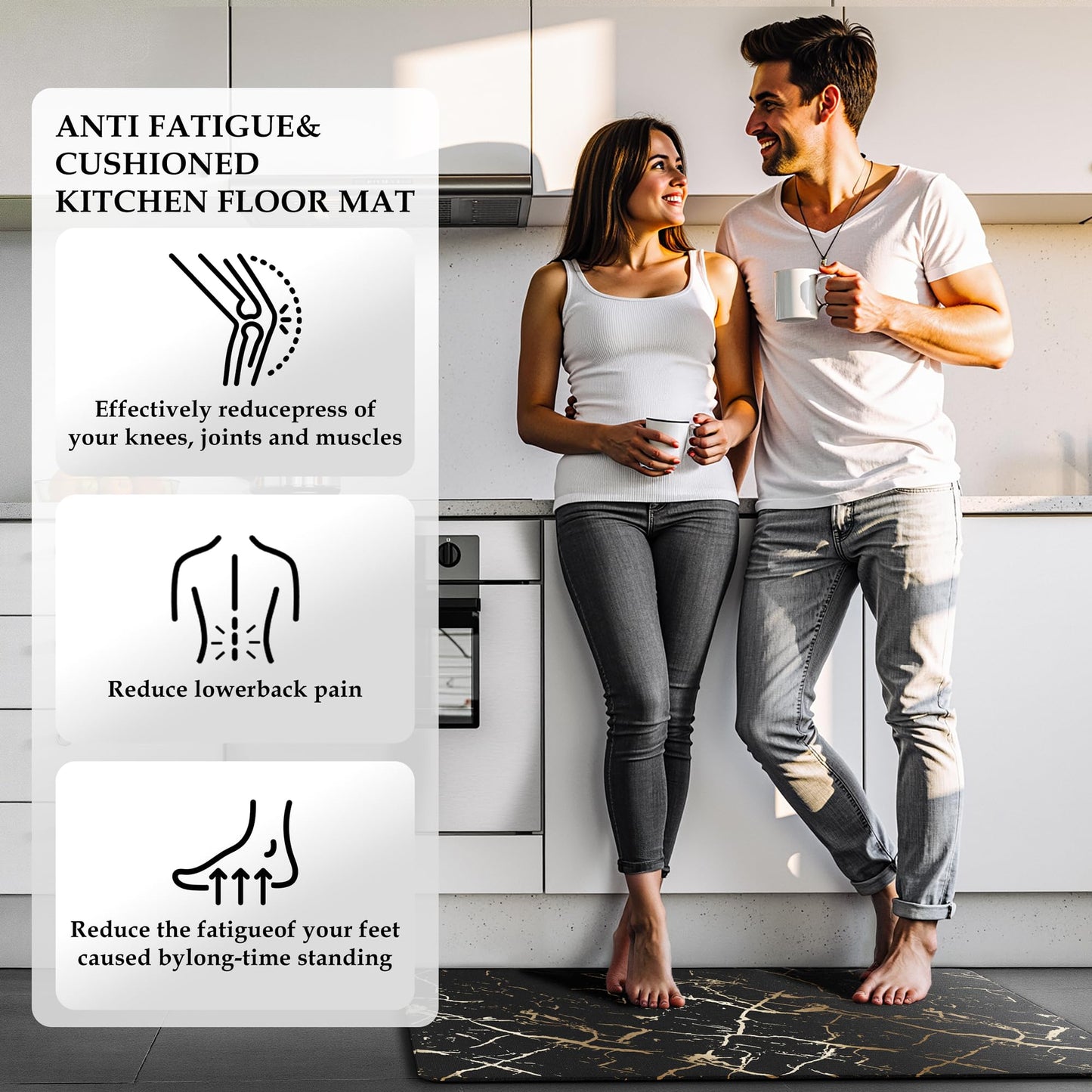 Gold Foil Stamped Marble Kitchen Mats for Floor 2PCS Cushioned Anti Fatigue Non Slip Waterproof Comfort Leather Kitchen Rugs 2/5 Inch PVC Kitchen Mats for Sink, Laundry, 17.3"x28"+17.3"x47", Black