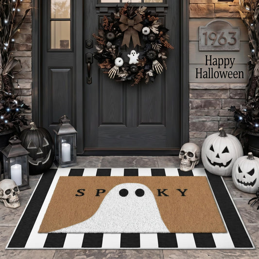 Tinideya 2 Pcs Halloween Door Mat Outdoor Spooky Ghost Welcome Doormats for Front Door Non Slip Layered Ghost Coir Floor Mat Black White Stripe Halloween Rug for Outside Front Porch Entryway Decor