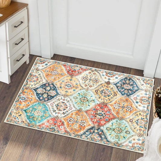 ROYHOME Washable Area Rug Moroccan Trellis Entryway Rug Doormat Stain Resistant Non-Slip Accent Rug Vintage Medallion Distressed Floor Carpet for Front Entrance Kitchen Bathroom, Cream, 2' x 3'