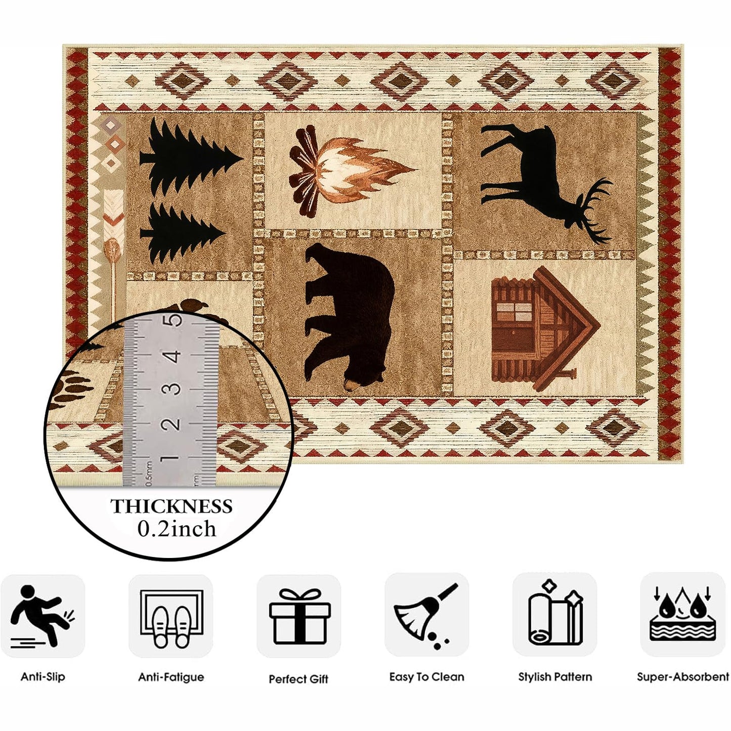 Area Rug 5x7 Rustic Cabin Bear Deer Rug Lodge Country Farmhouse Wildlife Rugs for Living Room Southwesten Machine Washable Non-Slip Printed Low-Pile Indoor Carpet for Bedroom Dining Room Office