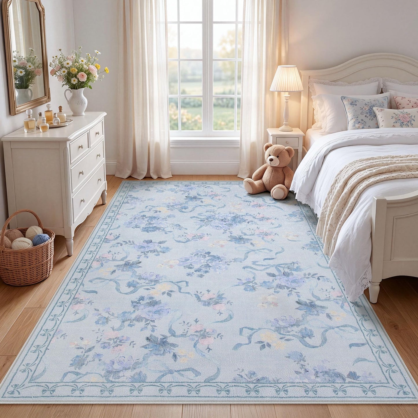 Tribesigns Bow Floral Blue 5x7 Area Rugs for Living Room, Washable Soft Cute Rug for Bedroom Nursery, Border Non Slip Low Pile Coquette Printed Indoor Dining Room Carpet for Kids Playroom, Blue/5x7