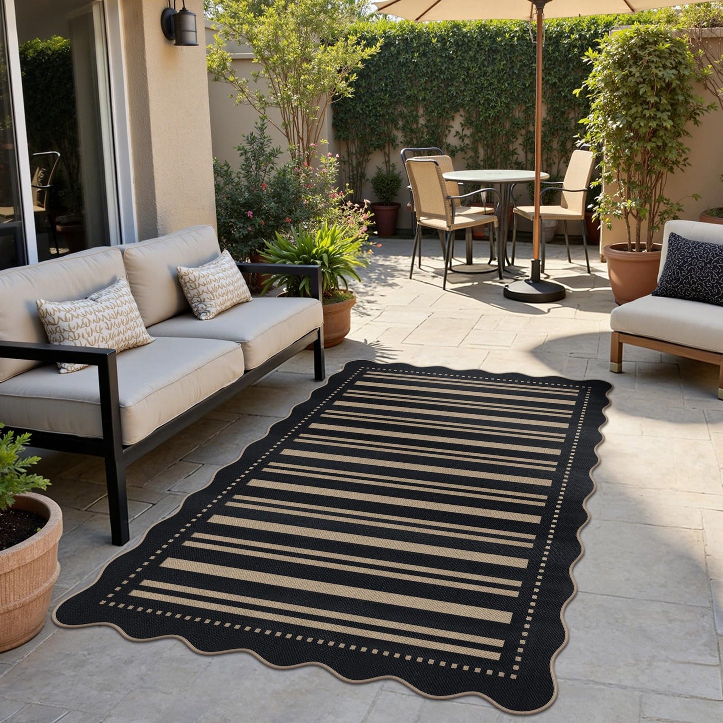 LORWER Striped Easy Jute 4x6 Outdoor Patio Rug, Washable Indoor Outdoor Black Kitchen Rugs Farmhouse Neutral Non Slip Area Rug for Living Room Backyard Bedroom